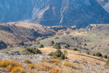 Kazakistan dağlarının gündüz, sonbahar mevsimi, seyahat konsepti manzarası   