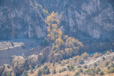 Kazakistan dağlarının gündüz, sonbahar mevsimi, seyahat konsepti manzarası   