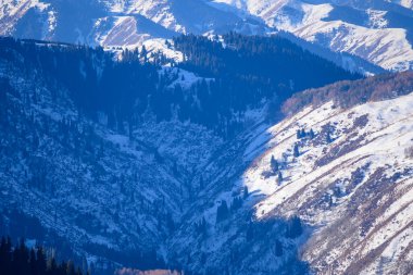 Kazakistan 'ın Alamty kenti yakınlarındaki Tian-Shan dağında harika güneşli bir gün. Orta Asya 'da tırmanış, yürüyüş ve yürüyüş için en iyi yer..