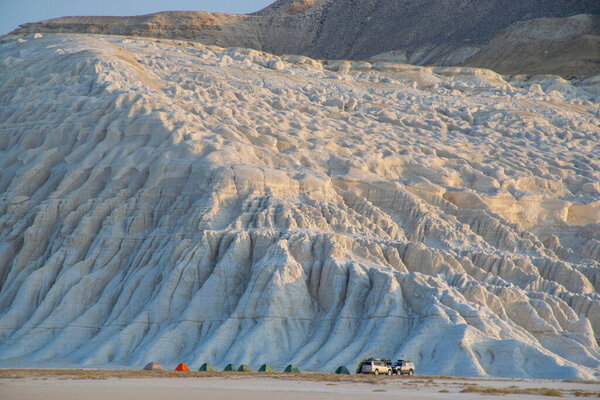 Sunset over Tuzbair saline in plateau Ustyurt. Western Kazakhstan desert, Aktau region.
