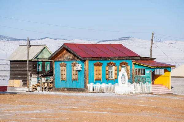 Традиційні Дерев Яні Сиберійські Будинки Зимовій Вулиці Грем Ячинську Бурятії — стокове фото
