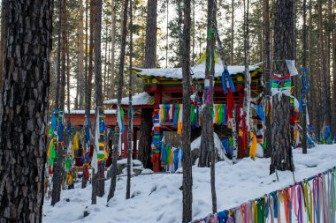 Barguzin, Rusya - Şubat 2020: Buryatia, Sibirya 'daki Barguzin dağ bölgesindeki Yanzhima tanrıçasının Budist tapınağı.