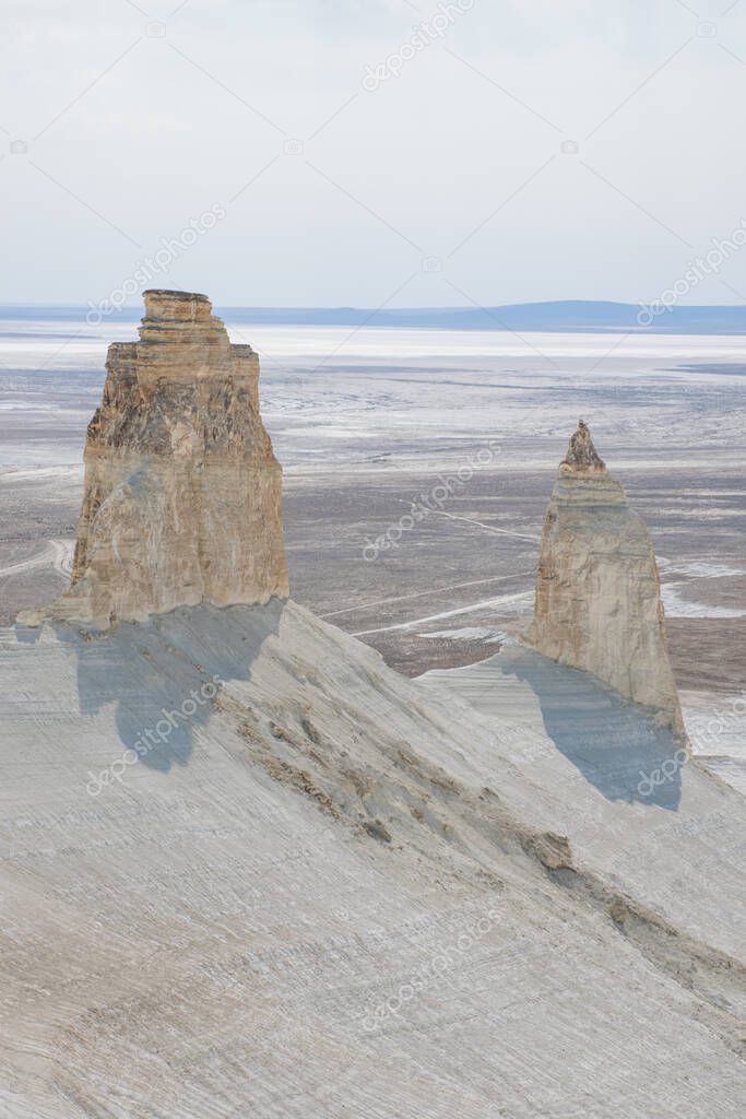 aerial view of peaked rocks and chinks in Bosjira mountain canyon, plateau Ustyurt. Kazakhstan desert, Aktau region 