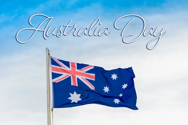 Bandera Australiana Bandera Australiana Ondeando Viento Con Día Australia Escrito —  Fotos de Stock
