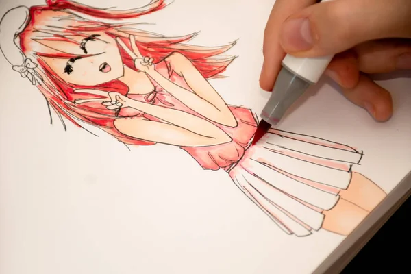 Hand Drawing Cute Girl Anime Style Sketch Alcohol Based Sketch — Stock Photo, Image