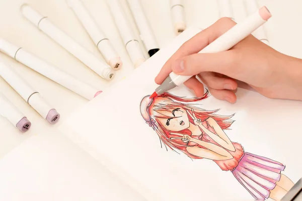 Handzeichnung Eines Niedlichen Mädchen Anime Stil Skizze Mit Alkohol Basierten — Stockfoto