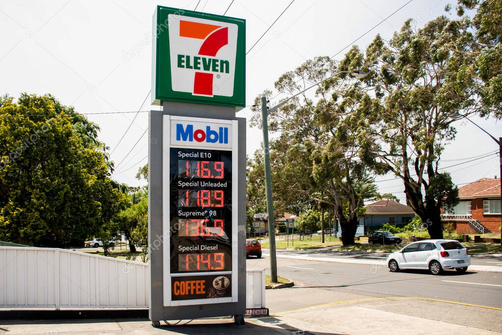 Sydney, Australia - 2020-11-29 Entrance to 7 Eleven petrol service station and fuel prices.