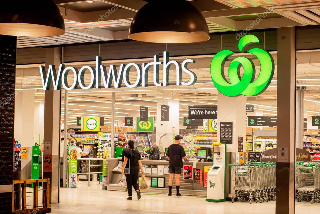 Sydney, Australia 2021-01-07: Exterior view of Woolworths supermarket during the COVID-19 pandemic.