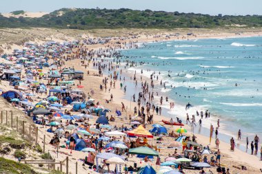 Sydney, Avustralya 2021-01-26 Sıcak bir yaz gününde Elouera plajı çok kalabalık. İnsanlar yüzüyor ve Avustralya 'da güneşleniyor.