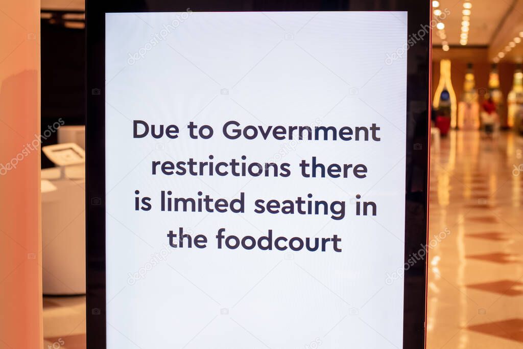 Sydney, Australia - 2020-01-14 Covid-19 regulation information at Westfield shopping centre. Due to Government restrictions there is limited seating in the foodcourt