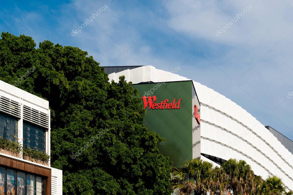 2021-04-28 Sydney, Australia Westfield shopping centre exterior view with logo sign.