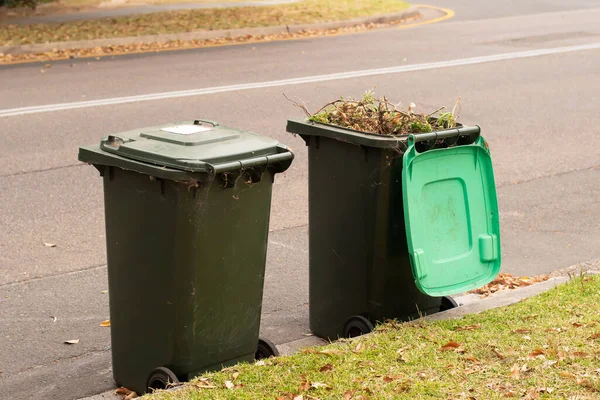 오스트레일리아의 쓰레기 처리장에 쓰레기를 쓰레기통들 의회의 쓰레기 수거를 길가에 줄지어 — 스톡 사진