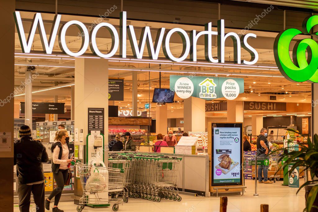 Sydney, Australia 2021-01-07: Exterior view of Woolworths Miranda supermarket during the COVID-19 pandemic lockdown