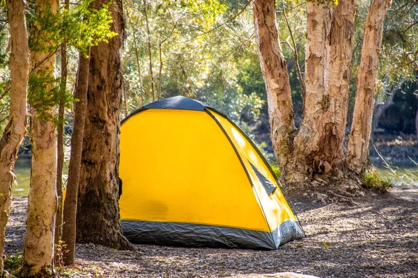 Kamp Alanındaki Sarı Çadır Nehir Kıyısında Doğa Tarafından Çevrelenmiş Kamp — Stok fotoğraf