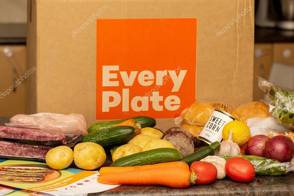 Sydney, Australia 2021-07-17 Every plate meal kit in a cardboard box on a kitchen counter. EveryPlate is actually owned by HelloFresh and was launched in 2018 as a lower-cost alternative.