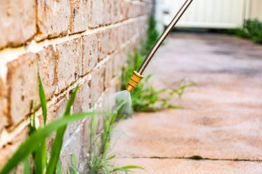 İstenmeyen bitki ve çimenleri kontrol etmek için ot öldürücü ot ilacı sıkarak. Evin dış binası.