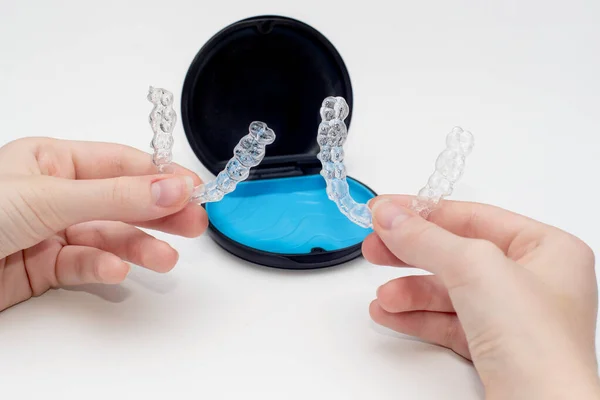 Transparent Aligners Storage Case Invisible Braces Clear Teeth Straighteners Plastic — Stock Photo, Image