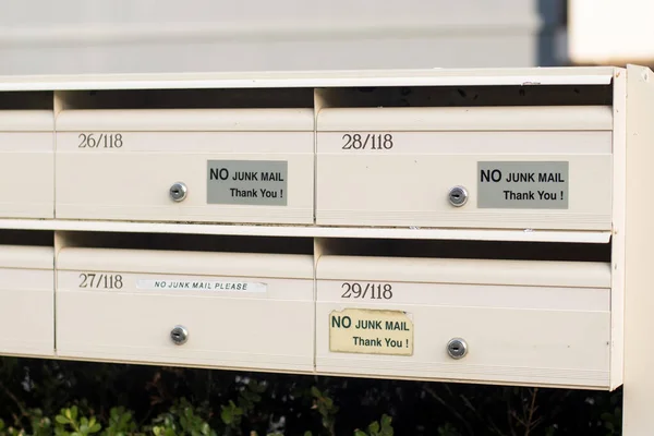 No Junk mail sign on letter boxes in Sydney, Australia. Direct mailers opt out. How to stop junk mail catalogs catalogue