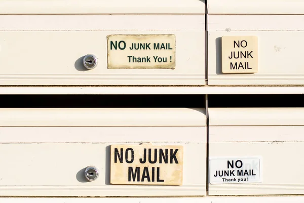 No Junk mail sign on letter boxes in Sydney, Australia. Direct mailers opt out. How to stop junk mail catalogs catalogue