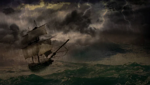 Navio Mar Oceano Que Está Perigo Devido Tempestade Que Cria — Fotografia de Stock