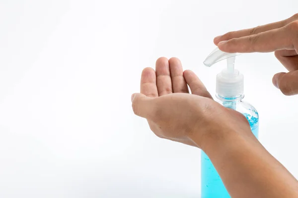 Man Hands Applying Alcohol Hand Sanitizer Gel Prevent Spread Virus — Stock Photo, Image