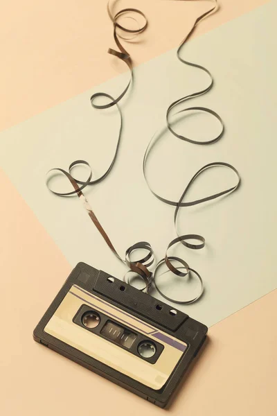 Audio Cassette Tangled Tape Blue Beige Background Minimalistic Composition Retro — Stock Photo, Image