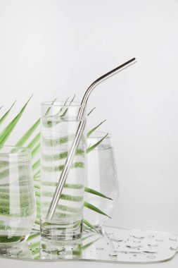 Palmiye yaprağı, beyaz arka planda ayna olan bardaklarda suyla deforme olmuş. Saf su, çevre dostu ev kavramı.. 