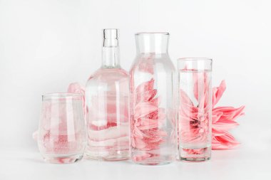 pink flowers distorted through water in glasses and bottle on white background. Home decor, eco friendly, relax, gardening concept. 