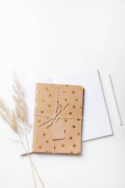  Ofis masası çalışma alanı. Bej arka planda not defterleri, kalem ve pampalar var. Düz yatak, üst görünüm, iş, iş, model konsepti. Boşluğu kopyala.