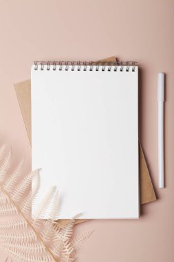  Ofis masası çalışma alanı, not defterleri, bej arka planda kalem ve dal eğreltiotu. Düz yatak, üst görünüm, iş, iş, model konsepti. Boşluğu kopyala.