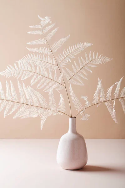 Floral composition of branch fern in vase on beige background. Botany styled. Art concept. Minimal concept background.