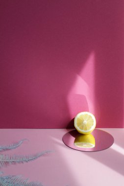 En az güneşli meyve kompozisyonu, eğreltiotu, limon ve ayna ile mor arka planda keskin gölgeler. Çevre, doğa, durgun yaşam konsepti.