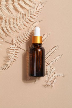 Koyu kehribar cam şişe ve bej arka planda eğreltiotu yağı. Güzellik konsepti, minimalizm marka ambalajı..