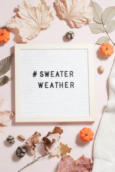 felt letter board and text sweater weather with leaves, pumpkins and sweater on beige background