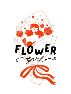 Güzel, yumuşak bir kızın karakteri bir kurdeleyle bağlanmış büyük bir buket çiçeğin içinde oturur. Ev rahatlığı. Düz çizgi minimalizm vektör çizimi