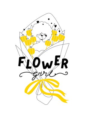 Güzel, yumuşak bir kızın karakteri bir kurdeleyle bağlanmış büyük bir buket çiçeğin içinde oturur. Ev rahatlığı. Düz çizgi minimalizm vektör çizimi