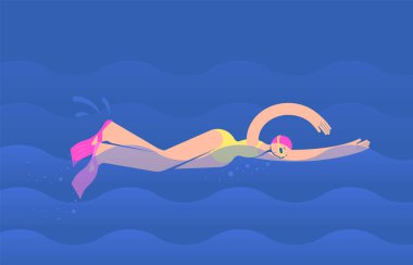 Girl athlete swimmer in a swimsuit and swimming goggles, fins, and a cap swim quickly in the pool. Against the background of the wave. Flat bright vector illustration. clipart