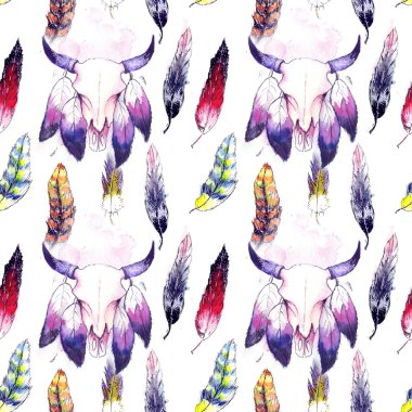 Suluboya stilize desen tüyler ve bufalo kafa ile