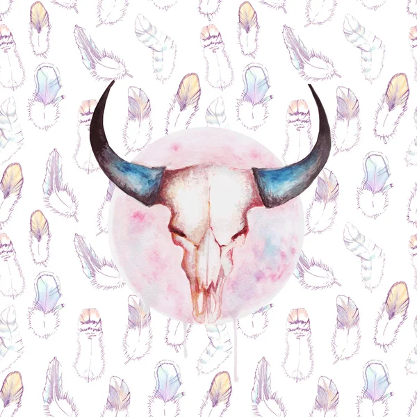 Watercolor stylized pattern with feathers and buffalo head — Stock Photo, Image