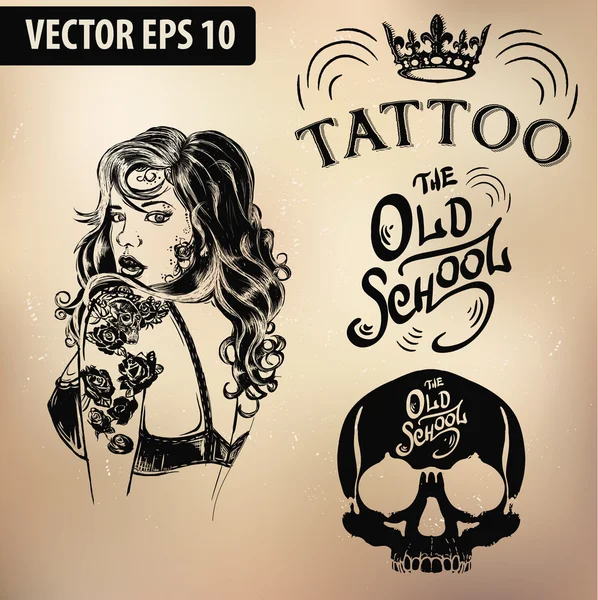 Tatuaje chica vieja escuela estudio cráneo — Vector de stock