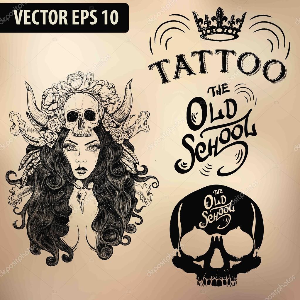 Vector tattoo studio logo templates on dark background. Cool retro styled vector emblems.