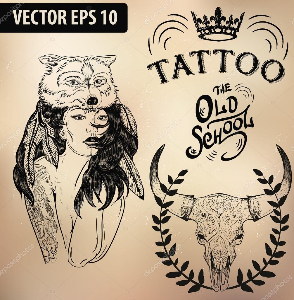 Vector tattoo studio logo templates on dark background. Cool retro styled vector emblems.