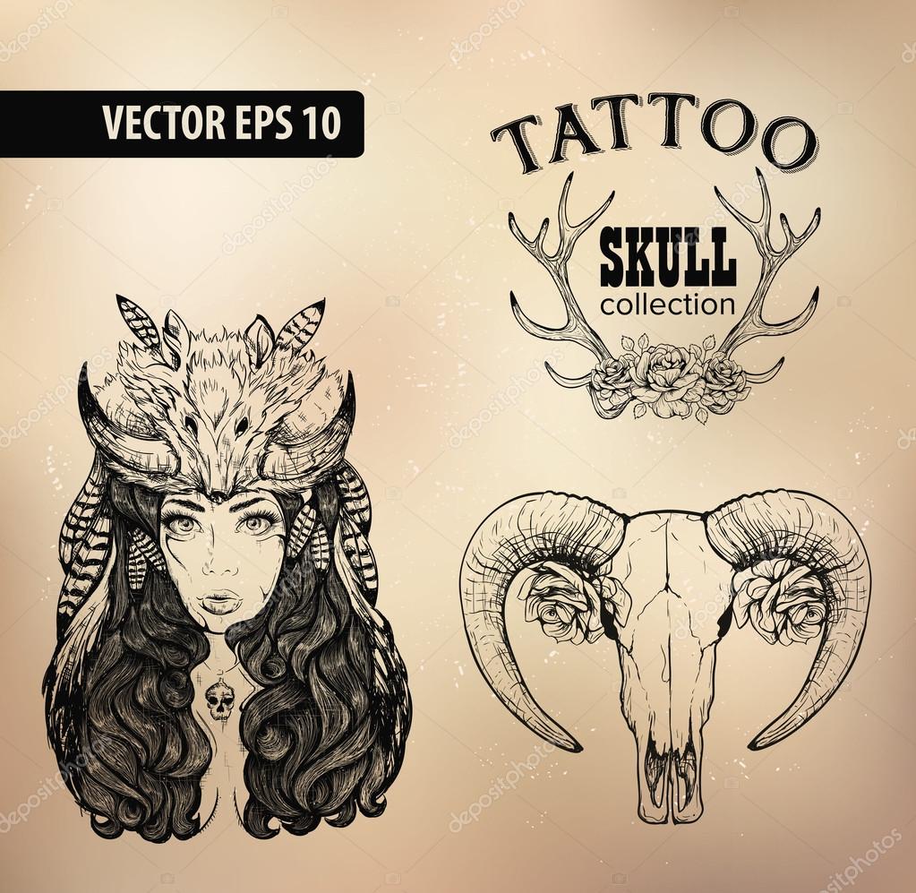 Vector tattoo studio logo templates on dark background. Cool retro styled vector emblems.