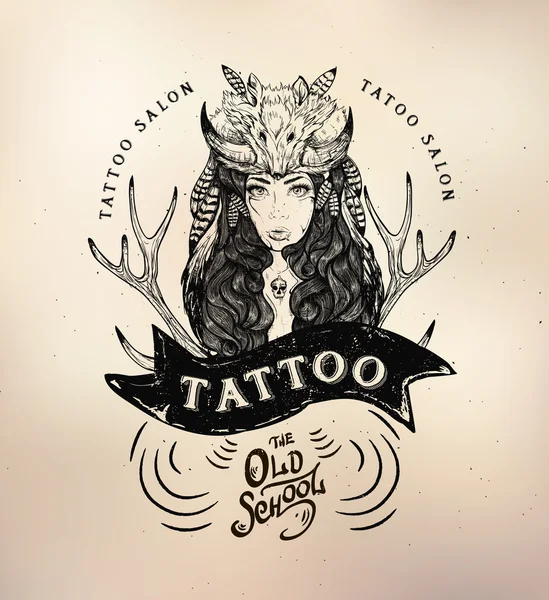 Tattoo girl staré školy studio lebka — Stockový vektor