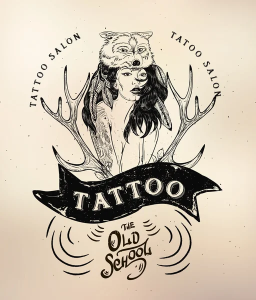 Tatuagem menina velho escola estúdio crânio —  Vetores de Stock