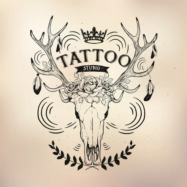 Tatouage vieux studio école cerf de crâne — Image vectorielle