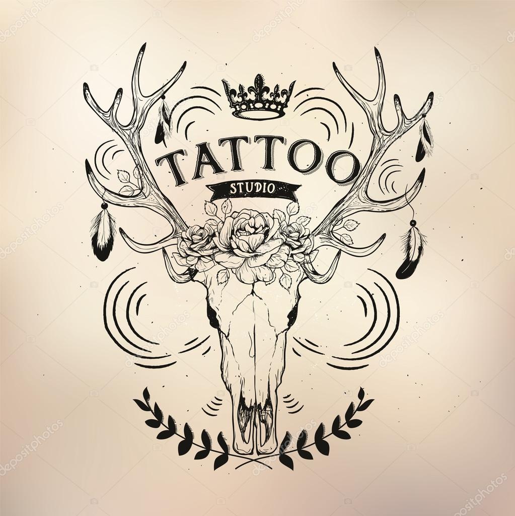 Vector tattoo studio logo templates on dark background. Cool retro styled vector emblems.