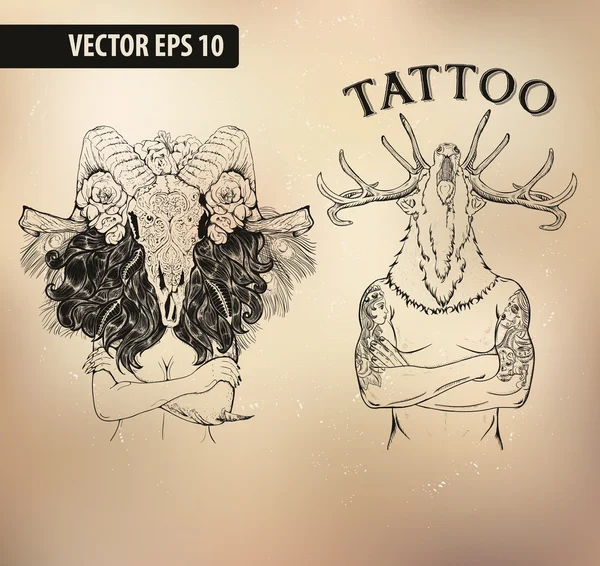 Tatuaje chica hombre viejo escuela estudio cráneo — Archivo Imágenes Vectoriales