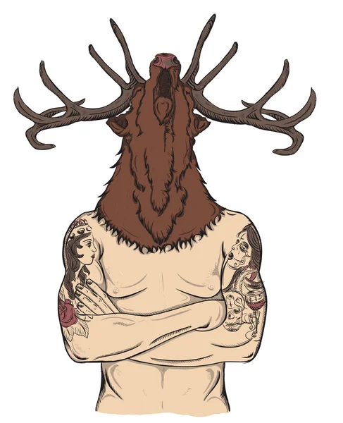 Homme tatoué avec une tête de cerf — Image vectorielle