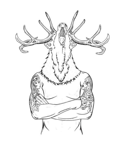Tetovaný muž s hlavou jelena — Stockový vektor